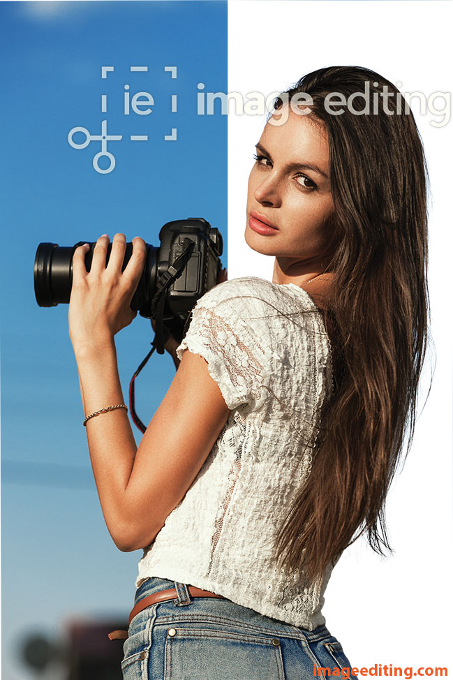Girl standing with camera with hair extracted from backgorund
