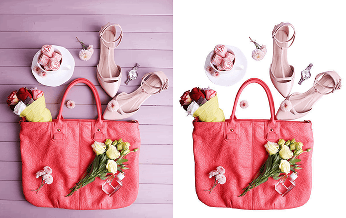 woman bag assorted items with and without deep etch image editing