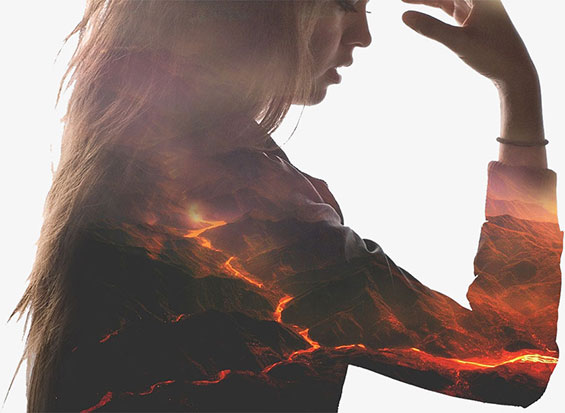 Girl photo manipulated with volcano background