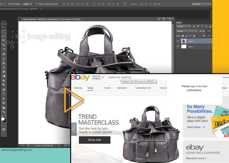 Screenshot of a Bag in Photoshop and on a Ebay Website 