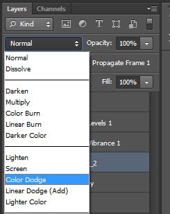 Selecting Color Dodge in photoshop