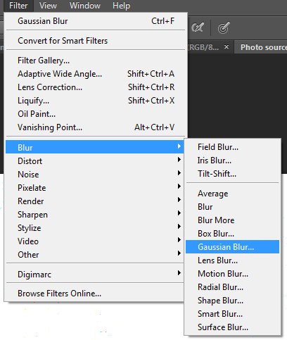 Steps to select Gaussian Blur in Photoshop