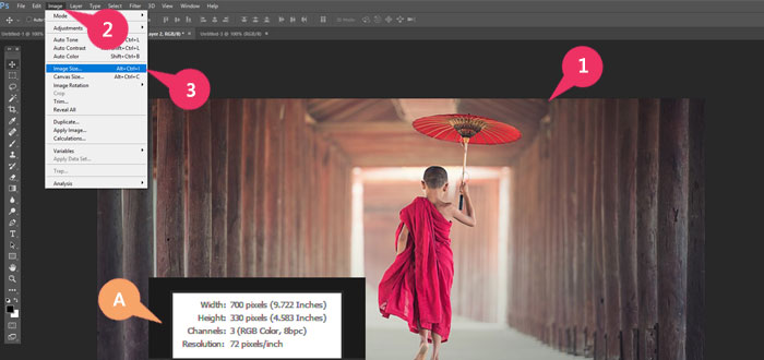 steps to reach Image Image size on Photoshop