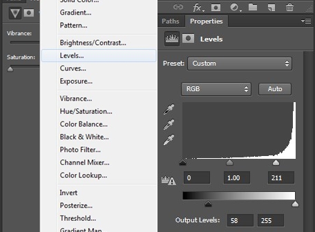 adjusting the tone of black and white on the Levels