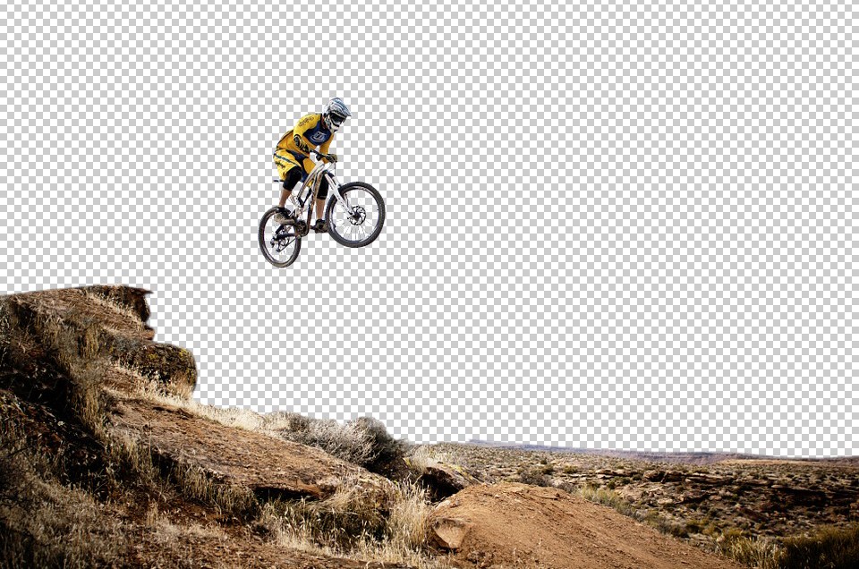 A man on cycle flying in mid air with transparent background