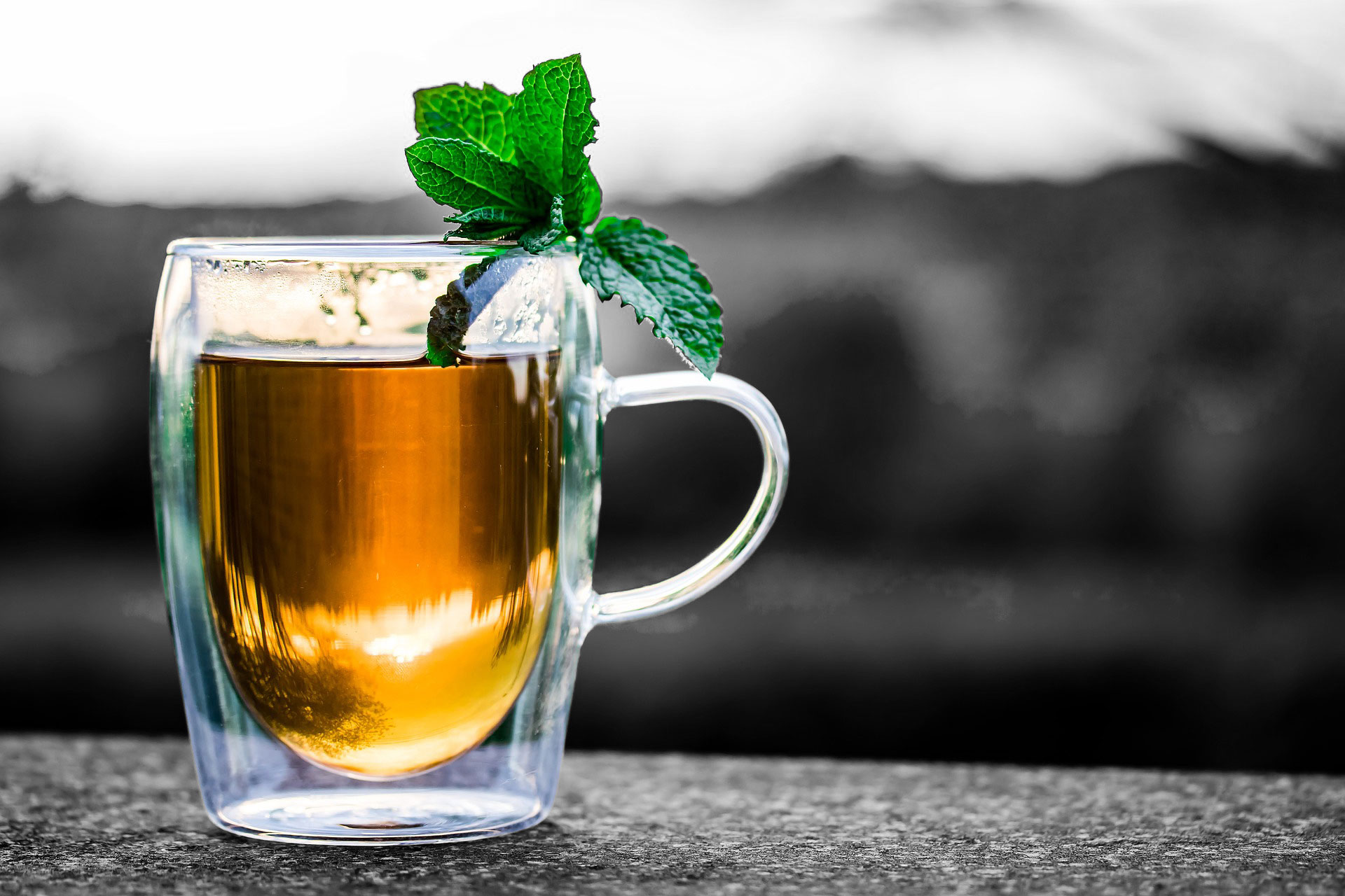 Black and White Background with colorful mug with tea and basil on top of the mug