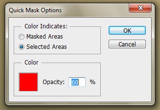 Quick Mask option box appears and we mark Selected Areas with opacity 60%