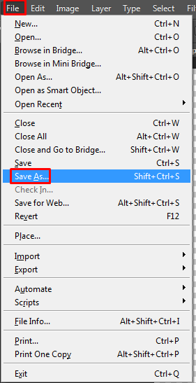 Select File and then Save As is shown