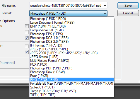 Selecting PNG format