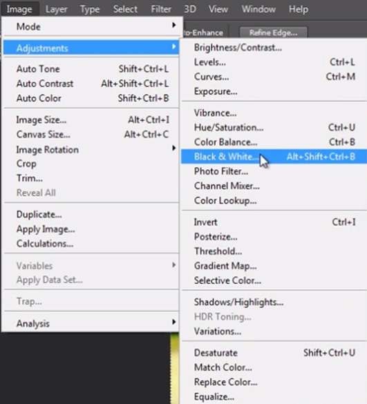  Select Image menu click Adjustments and choose Black and White.