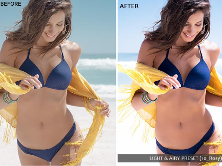 A girl smiling, wearing swimming suit before & after effect result